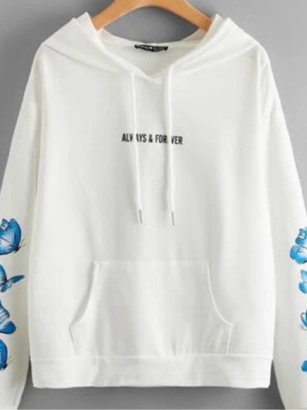 White Hoodie Sweater with Blue Butterfly Sleeves - Always & Forever